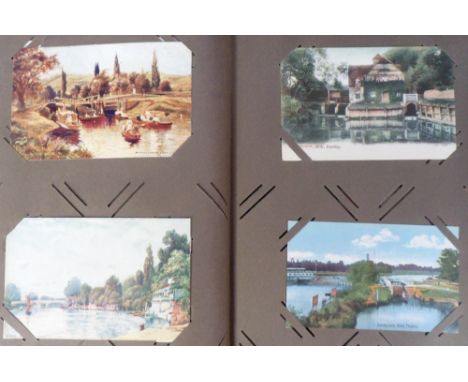 Postcards, River Thames Views, a vintage album containing a 100+ cards, coloured, printed views & artist-drawn views, some si
