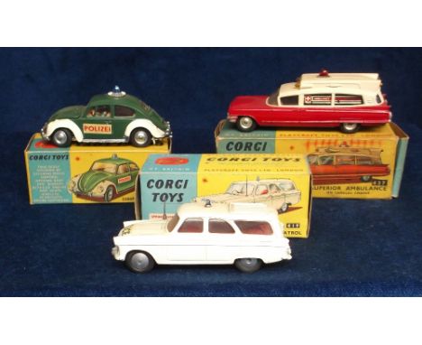 Corgi Toys Emergency Service Vehicles, 492 Volkswagen European Police Car, 419 Ford Zephyr Motorway Police Patrol, 437 Superi