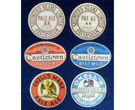 Beer labels, a selection of 6 large barrel labels, Castletown Brewery, Best Mild & Bitter, Okell's, Pale Ale & Mild Ale, & Sh