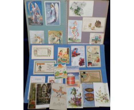 Postcards, Themed assortment, corner mounted in two modern scrapbooks, one with vintage Greetings, Easter & Christmas (170+),
