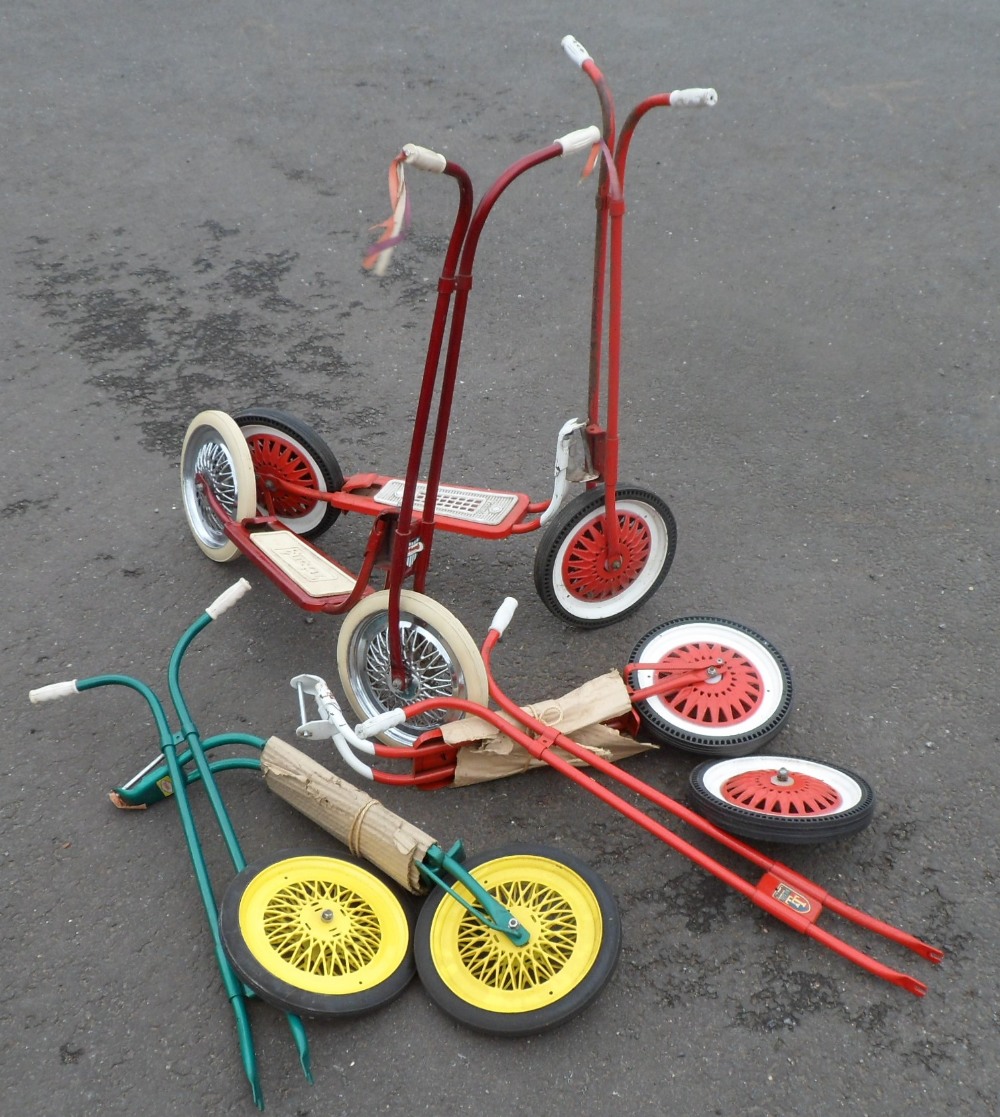 Toys, Triang, four Triang made metal scooters, all with spindle wheels, two with original boxes
