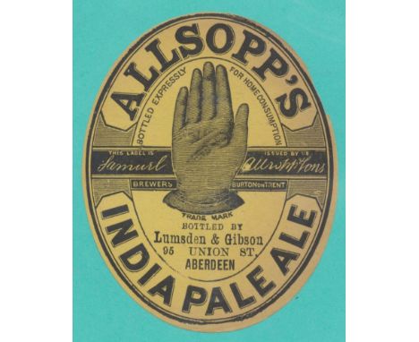 Beer label, Allsopp's, India Pale Ale, very old label bottled by Lumsden & Gibson, Aberdeen, c1885, v.o, (punch hole mark o/w