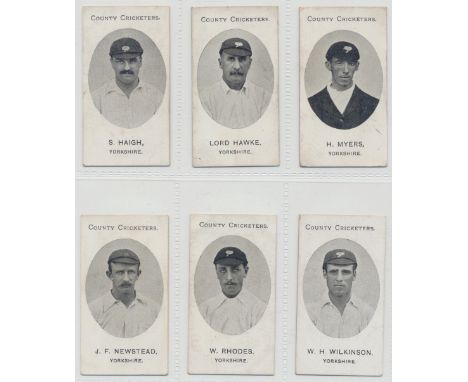 Cigarette cards, Taddy, County Cricketers, 6 cards, all Yorkshire, S Haigh, Lord Hawke, H Myers, J F Newstead, W Rhodes, & W 