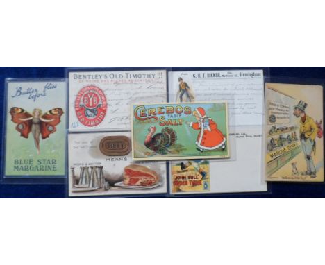 Postcards, Advertising, a collection of 6 UK product advertising postcards and one trade card for Cerebos Table Salt, postcar