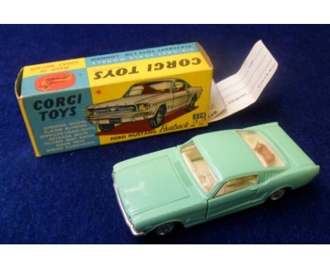 A Corgi Toys 320 Ford Mustang Fastback 2+2, pale green body, off-white interior, wire wheels, club leaflet, in original box (