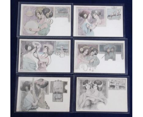 Postcards, Art Nouveau Glamour cards illustrated by Patella, possibly a set of 6, each showing 2 pretty girls, either reading