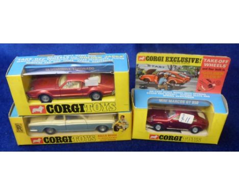 Corgi Toys With Golden Jacks, 276 Oldsmobile Toronado, metallic red, 341 Mini Marcos GT 850, 273 Rolls Royce Silver Shadow, i