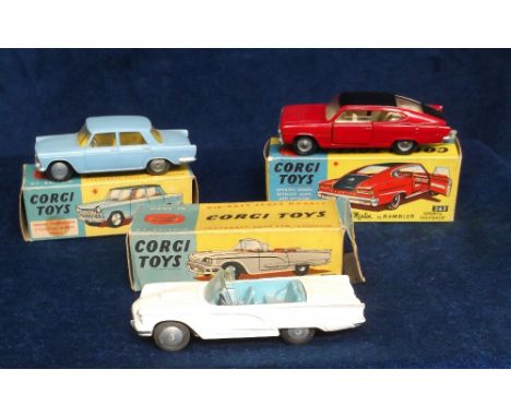 Corgi Toys 263 Marlin Rambler Fastback, red body, black roof, cast hubs, 217 Fiat 1800, light blue body, lemon interior, flat