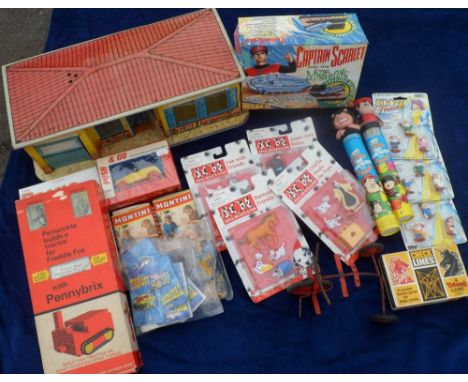 Toys, a varied selection inc. tin dolls house, Pennybrix Periwinkle Tractor (in original box), Captain Scarlett alarm clock, 