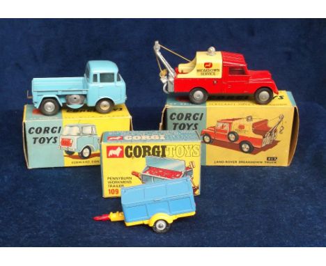 Corgi Toys 417 Land Rover Breakdown Truck, 409 Forward Control Jeep, 109 Pennyburn Workmen's Trailer, in original boxes (near