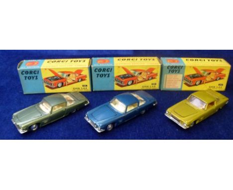 Corgi Toys 241 Ghia L.6.4, three examples, first metallic blue, spun hubs, second metallic lime green, cast detailed hubs, th