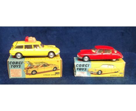 A Corgi Toys 436 Citroen Safari ID19, yellow body, driver and passenger, spun hubs, 210S Citroen DS.19, red body, lemon inter