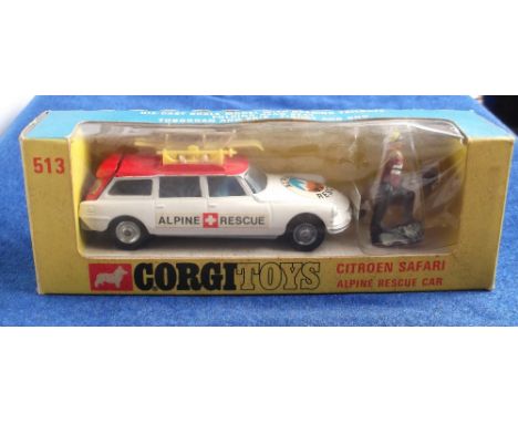 A Corgi Toys 513 Citroen Safari Alpine Rescue Car, white/red car, yellow roof rack, St Bernard, sled, skis, male figure, in o