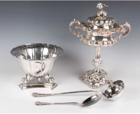 A 19th century Swedish plated sauce tureen and cover with flower finial, of lobed circular form, the rim decorated with acorn