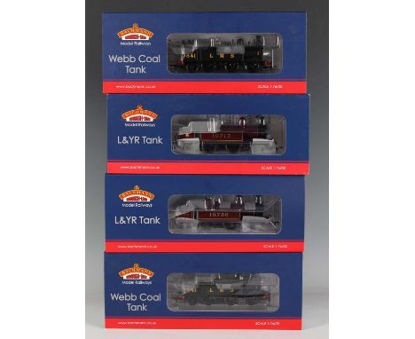 Four Bachmann Branch-Line gauge OO tank locomotives, comprising two No. 35-051 LNWR Webb coal tanks 7841 in LMS black, No. 31
