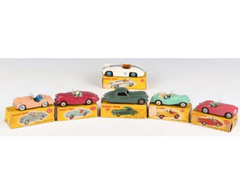 Six Dinky Toys sports cars, comprising No. 102 MG Midget in pale green, No. 103 Austin-Healey '100' sports in red, No. 107 Su