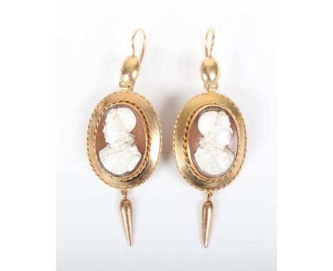 A pair of gold and shell cameo pendant earrings, each carved as a portrait of a gentleman, unmarked, with wire fittings, weig