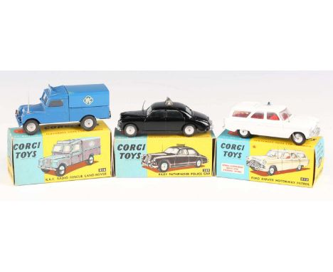 Three Corgi Toys vehicles, comprising No. 209 Riley Pathfinder police car, No. 419 Ford Zephyr motorway patrol and No. 416 RA