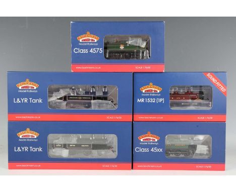 Five Bachmann Branch-Line gauge OO tank locomotives, comprising No. 31-170 L&amp;YR 2-4-2 tank 50764 in BR lined black, No. 3