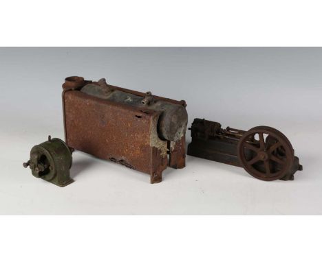 A Stuart horizontal live steam engine with 9.5cm flywheel, together with a Stuart electric motor and horizontal boiler, lengt