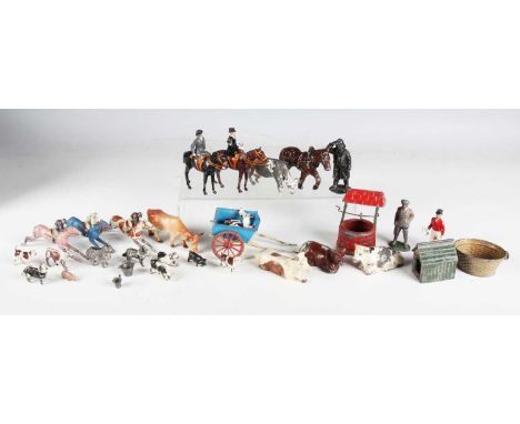 A collection of lead and plastic figures and accessories, including a part hunting set, farm animals and figures, Confederate