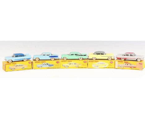 Five Dinky Toys American cars, comprising No. 174 Hudson Hornet in yellow and grey, No. 178 Plymouth Plaza in duo blue, No. 1