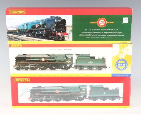 Three Hornby gauge OO Merchant Navy Class locomotives and tenders, comprising R.2294 35029 'Ellerman Lines', R.2169 35028 'Cl