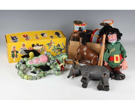 A small group of Pelham Puppets, including Mother Dragon, boxed with instructions, and McBoozle, together with a Schoenhut el