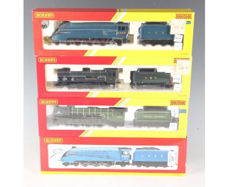 Three Hornby Railroad gauge OO locomotives and tenders, comprising R.2779 LNER Class A4 'Falcon', R.2937 1006 'County of Corn