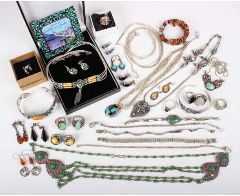 A group of mostly silver and gem set jewellery, some South American, including a bangle, inside width 6.2cm, a pendant neckla