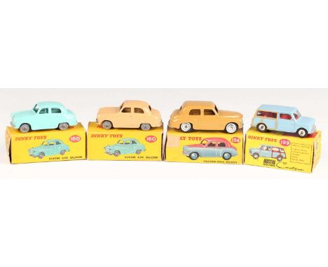 Four Dinky Toys cars, comprising No. 154 Hillman Minx in tan, two No. 160 Austin A30 saloons, one in turquoise, the other in 