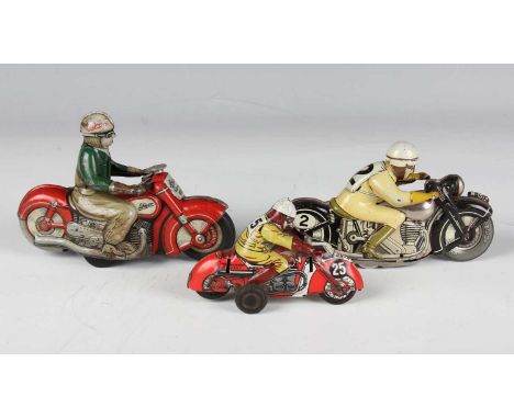 A Schuco Curvo 1000 tinplate clockwork motorcycle and rider, length 12.5cm, together with another Schuco tinplate motorcycle 