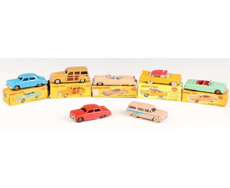 Seven Dinky Toys American cars, comprising No. 131 Cadillac tourer in pink, No. 132 Packard convertible in green, No. 172 Stu