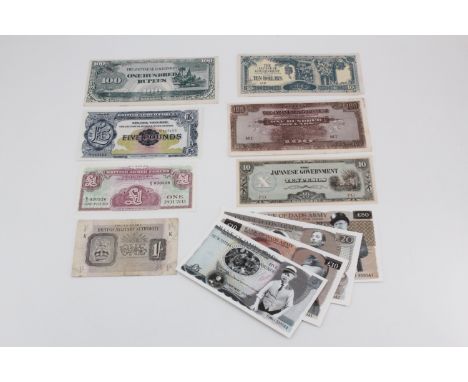 A group of British military and Second World War Japanese occupation banknotes together with humorous "Bank of Dad's Army" no