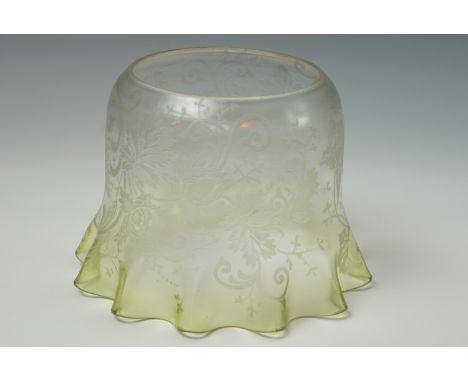 A Victorian etched achromatising green glass oil lamp shade, 10.5 cm base