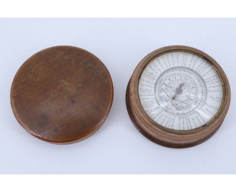 A Georgian universal pocket sundial, having a brass gnomon and printed dial, rotating within a bezel bearing the names of num
