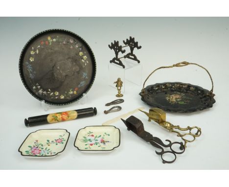Two pairs of 19th century candle wick scissors, two folding button hooks, a 19th century tole peinte steel and brass swing ha