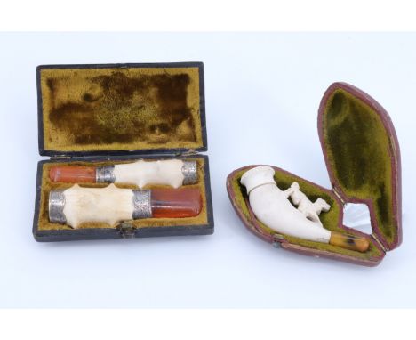 A late 19th / early 20th Century cased cigarette and cigar / cheroot holder combination, in meerschaum with amber mouthpieces