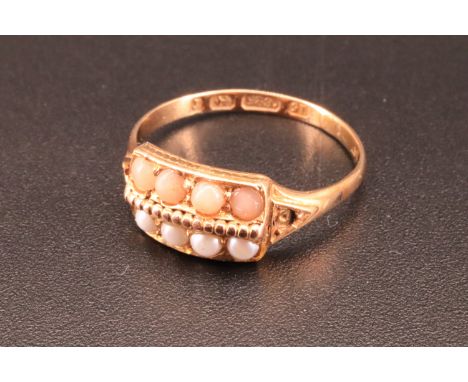 A late Victorian 15 ct gold pearl and coral ring, comprising two lines of four stones divided by a miligrain bar, Birmingham,