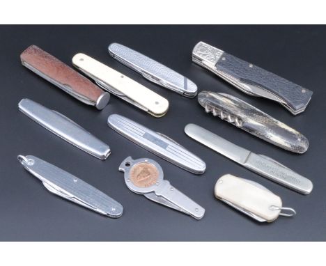 A small collection of Victorian and early 20th Century pocket folding pen knives, having mother-of-pearl grip scales, longest
