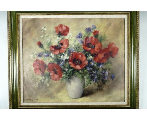 Pierre Sorel (French, b. 1938) Still life with poppies, loose and Impressionistic depiction of garden flowers in a ceramic va