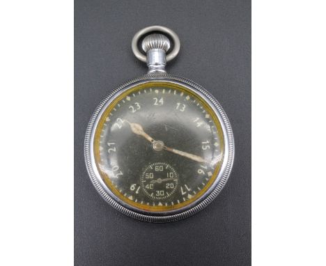 A Second World War British military pocket watch, having a Waltham movement and 24-hour dial, the chromium plated case broad 