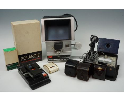 An 'Elmo Editor 912 Dual Type' together with a boxed Stereax attachment, a Bowens 'Flash Master', a Polaroid 4 x 5 land film 