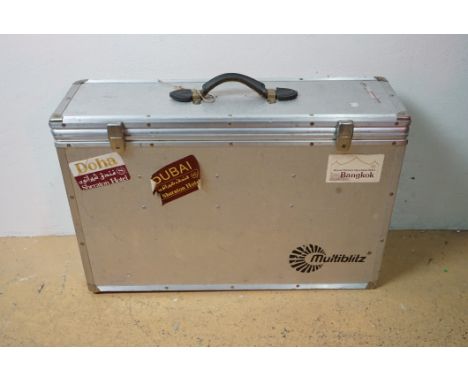 A cased Multiblitz photography studio set comprising of umbrellas with stands, three mini-studio 202 lights and a mini-lite 2