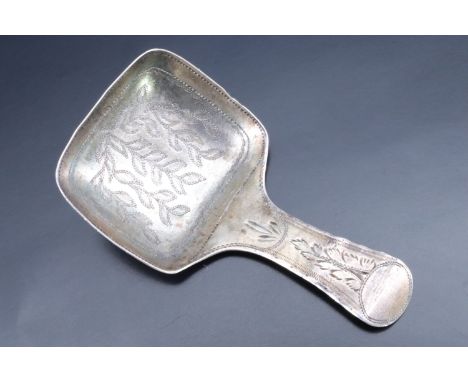 A George III engraved silver caddy spoon, Joseph Willmore, Birmingham, 1812, 6.5 cm
