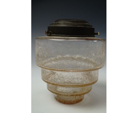 An Art Deco influenced craquelure peach glass pendant light fitting, circa 1930s, 16 cm