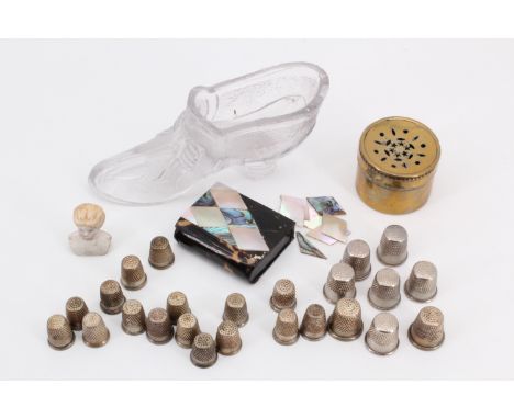 A Victorian mother of pearl covered horn vesta a/f, a small quantity of thimbles, a porcelain pin cushion doll's head, a salt