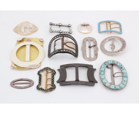 A selection of buckles including Edwardian green and white polka dot enamel and a Georgian steel shoe buckle
