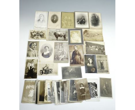 A group of Victorian cabinet cards, a carte de visite and later photographs including studies of a Victorian shepherd, cabine