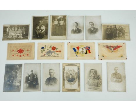 A small group of Great War photographic portrait and silk postcards